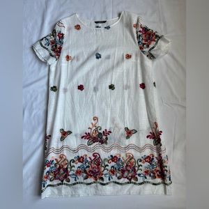 SHEIN White Embroidered Cotton Linen Shirt Dress – Boho Floral Tunic